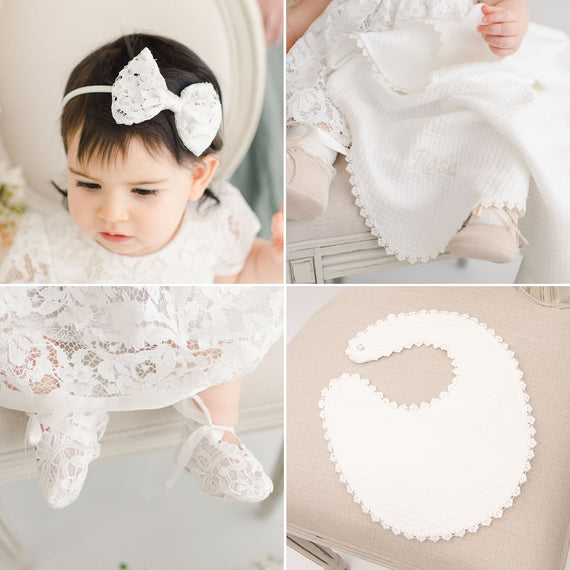 Collage of a baby girl in a Rose Accessory Bundle, featuring close-ups of her heirloom headband and shoes, blanket and a personalized bib with scalloped edges.