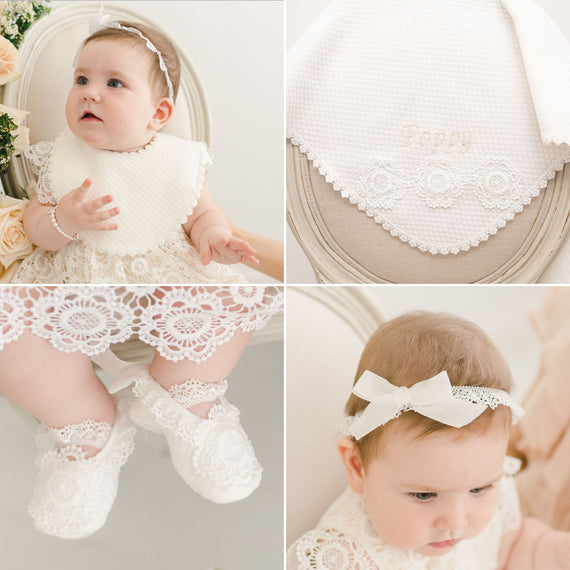 Accessory bundle for the Poppy collection. Including baptism bib, receiving blanket, baby booties and lace headband