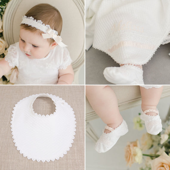 Melissa Accessory Bundle featuring a delicate headband and lace-trimmed outfit, tiny socks, and a blanket, all in soft, neutral tones with floral accents.