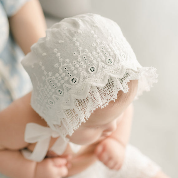 Top of the Emily Bonnet shows the detail of the soft and light 100% cotton eyelet lace.