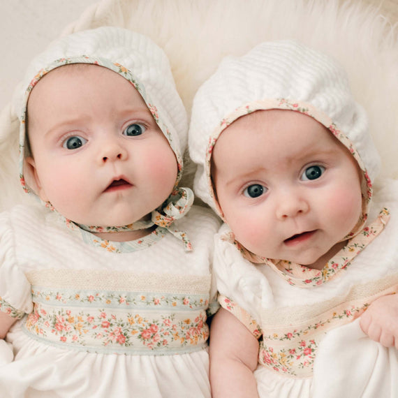 Twin baby girls wearing the Eloise Quilted Bonnet and matching Eloise Layette Gown in "Powder Blue" and "Blush" colors,
