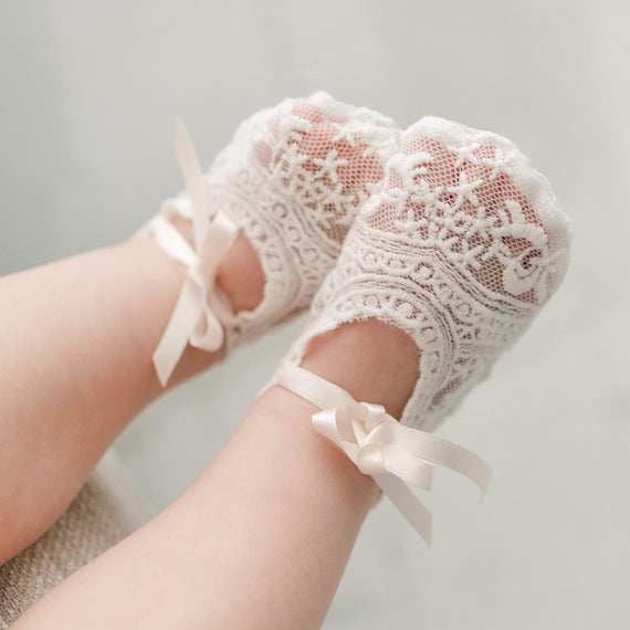 Charlotte lace baby booties with ribbon ties for baby girl