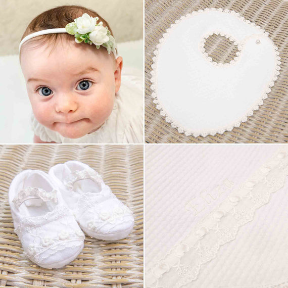 Collage of four images: a baby with a floral headband, heirloom white lace bib, baby shoes on a wicker surface, and a close-up of upscale fabric with "Eliza" embroidered.