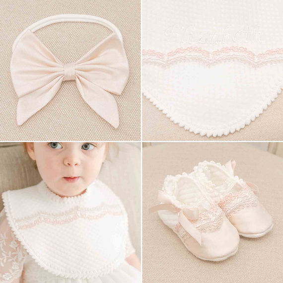 A collage of four images: containing a vintage soft pink bow headband, a personalized christening bib reading 'elizabeth', a detailed white baptism bib with lace, and a baby wearing the bib. and baby shoes.