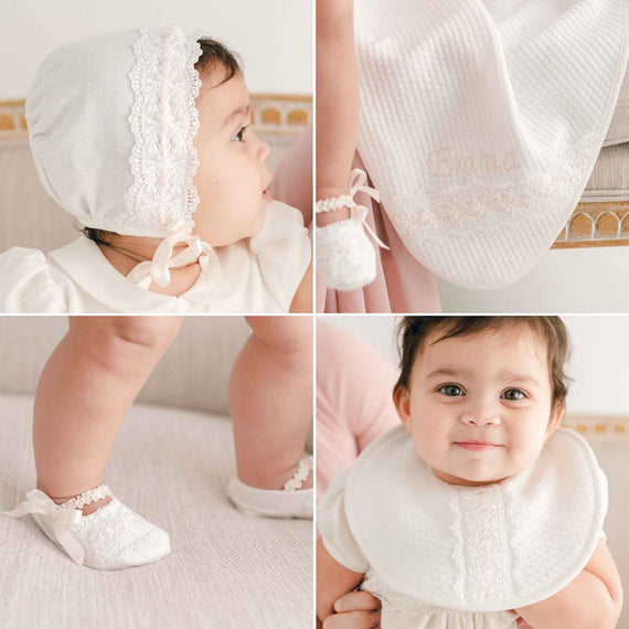 Collage of four images featuring a newborn baby girl. Includes a profile view with a lacy bonnet, close-up of a bib from the Emma Accessory Bundle, tiny feet in white shoes and a baby bib.