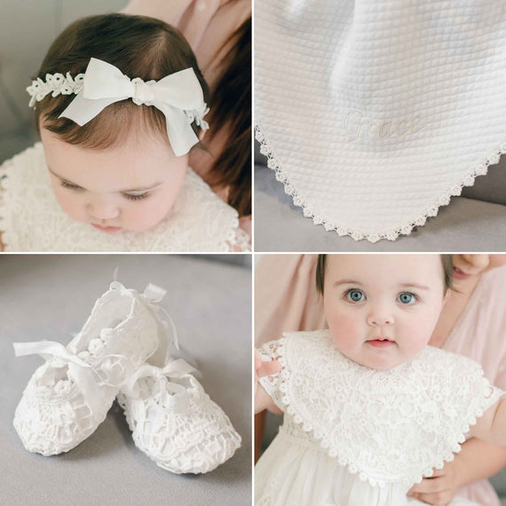A collage of four images featuring a baby girl with the Grace Accessories. Top left shows the baby with a white bow, top right a close-up of a bib reading "Grace"