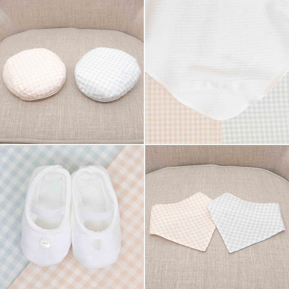 Four images of Ian Accessory Bundle: top left shows designer pink and blue checked cushions, top right shows a white boutique blanket, bottom left shows traditional white baby shoes, and bottom right shows designer pink and blue bandanas.