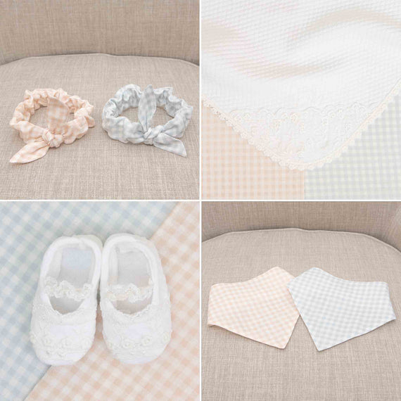 Four-part collage featuring Isla Accessory Bundle - Save 15% items: top left, two fabric hair scrunchies; top right, a white blanket with lace detail; bottom left, white baby shoes with lace; bottom right