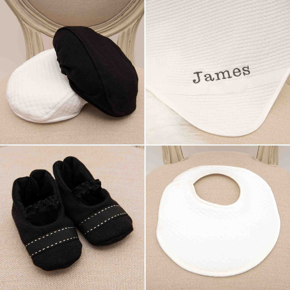 Four photos of the items included in the James Accessory Bundle, including the Cap, Booties, Bib and Personalized Blanket.