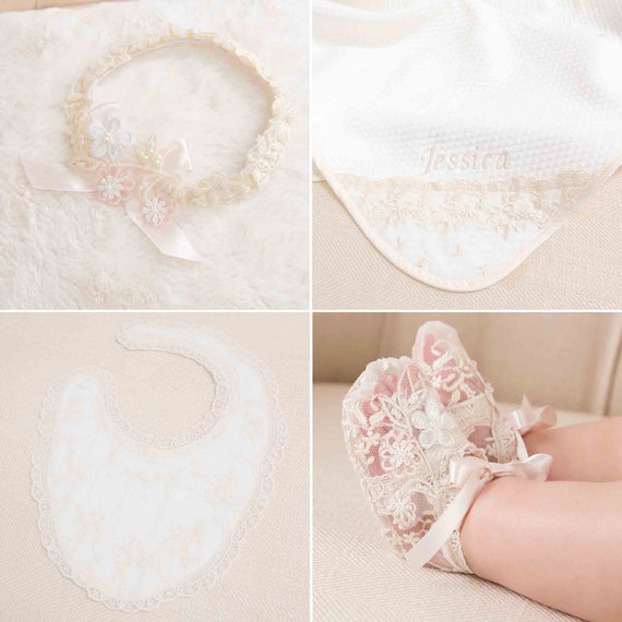 Four-panel image showcasing the Jessica Accessory Bundle. Clockwise from the top right panel is the Jessica Personalized Blanket, Jessica Lace Booties, Jessica Cotton Bib, and Jessica Headband.