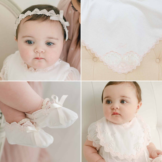 Collage of four images featuring a baby girl in a Joli Accessory Bundle, vintage-inspired baptism accessories. Top left and bottom right show her gazing with wide eyes, top right displays detailed lace baby booties and a baptism bib.