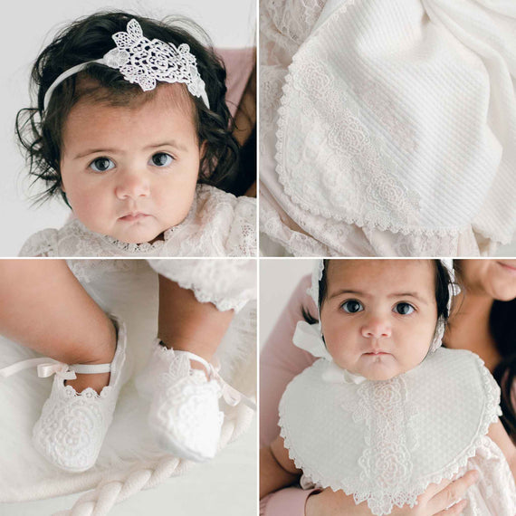 Collage of four images showcasing a baby in a Juliette Accessory Bundle. The top left captures the baby's face adorned with a lace headband, top right emphasizes a close-up of a lace blanket, bottom images are of booties and a bib.