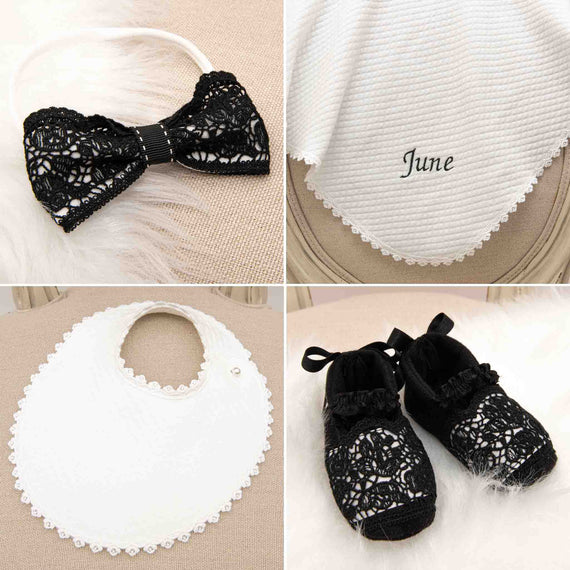 Four-image collage of baby items: a black lace bow headband, a June bib with "June" embroidered, a white bib with lace trim, and black lace baby shoes.