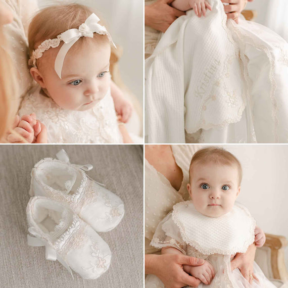 A collage of four images featuring a baby girl dressed in a vintage-inspired, white lace outfit for a christening. Top left: baby with the Kristina headband, blanket, baby shoes, and a bib.