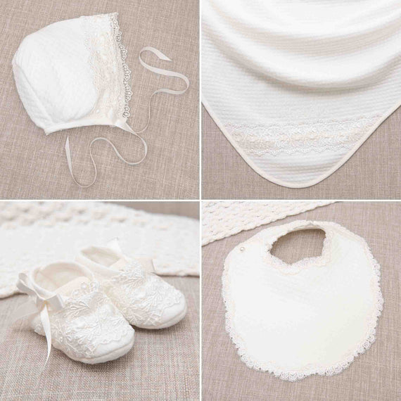 Four images of the Madeline Accessory Bundle: a laced hat, a folded white blanket with lace detail, white embroidered shoes, and a laced bib, all displayed on a beige background.