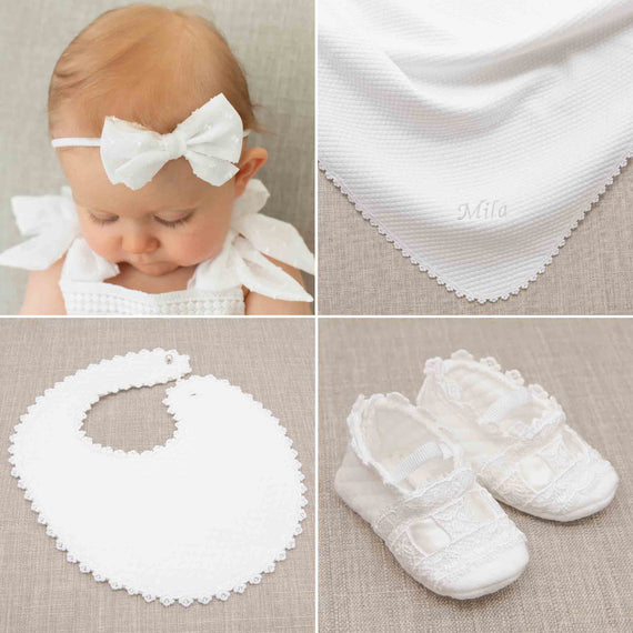 Four-panel image showcasing the Mila Accessory Bundle, featuring a Mila Accessory Bundle. Clockwise from the top left panel the Mila Bow Headband, the Personalized Blanket, the Mila Booties, and lastly, the Aria Bib.