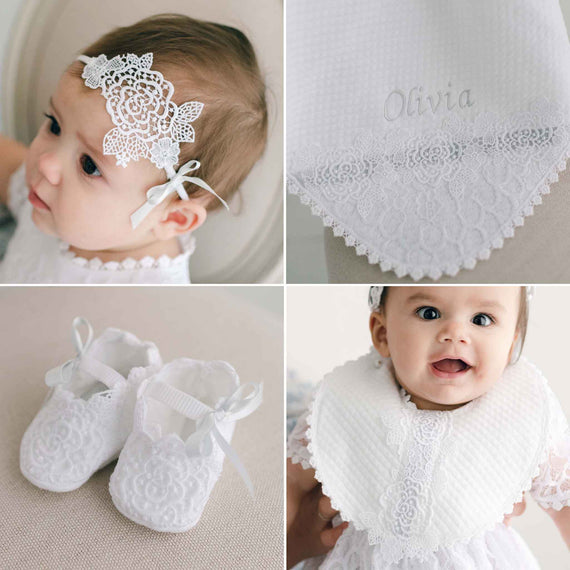 Collage of four images: a baby girl wearing a lace headband, a close-up of an Olivia personalized blanket, white lace Olivia heirloom baby shoes, and baby bib.