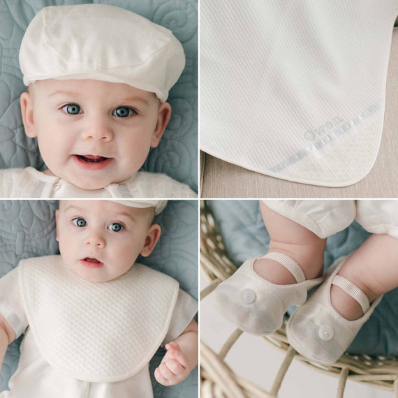 A collage of four Owen Romper Accessory Bundle images showing baby items: a white nursing pillow on a chair, a close-up of vintage textured fabric, a white bib, and putting on a tiny white shoe.