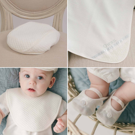 Four photos of what comprises the Owen Suit Accessory Bundle, including the Cotton Newsboy Cap, Personalized Blanket, Bib, and Linen Booties