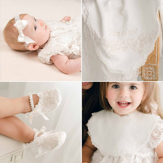 Penelope Christening: lace headband, baby girl baptism blanket, girl christening booties, fancy baby bib