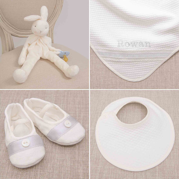 The Rowan Christening Accessories: Plush bunny toy, dedication blanket, baby boy booties, baptism bib.