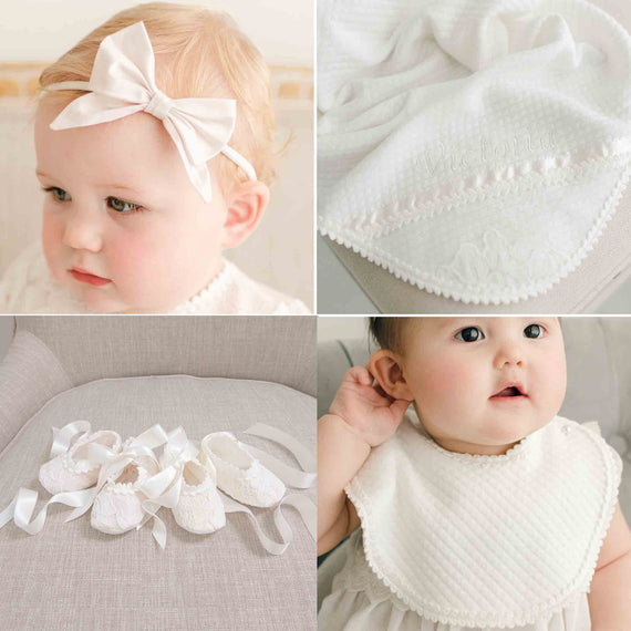4 pictures of Victoria Christening Accessories by Baby Beau & Belle.  Bow headband, personalized blanket, baby booties and a baptism bib. 