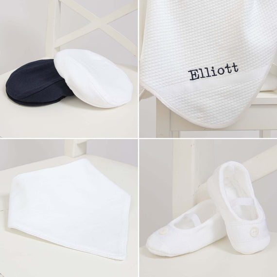 Four photos of the Elliott Suit Accessory Bundle, including the cap, booties, bib, and personalized blanket.