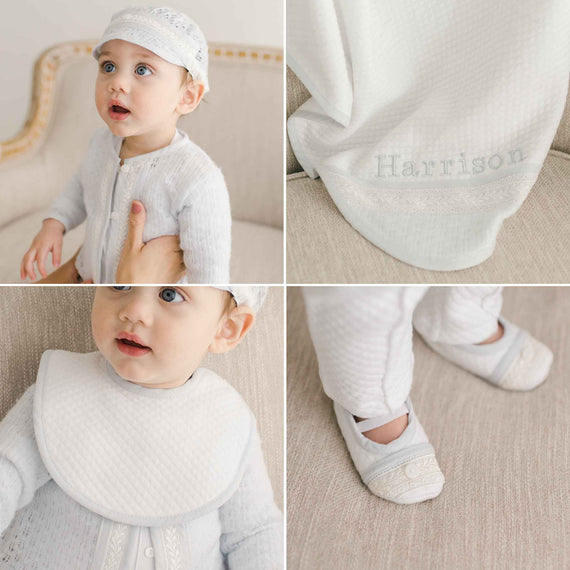 Four photos showcasing our Harrison Christening Accessories Romper, including the Harrison Blue Knit Sweater, Harrison Personalized blanket, Harrison Bib, and Harrison Booties