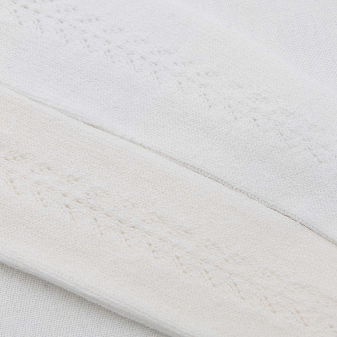 Close-up of Side Openwork Tights, suitable for a christening gown, showing detailed stitching and fibers.
