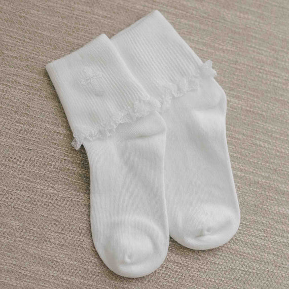 White lace communion cross applique socks girls