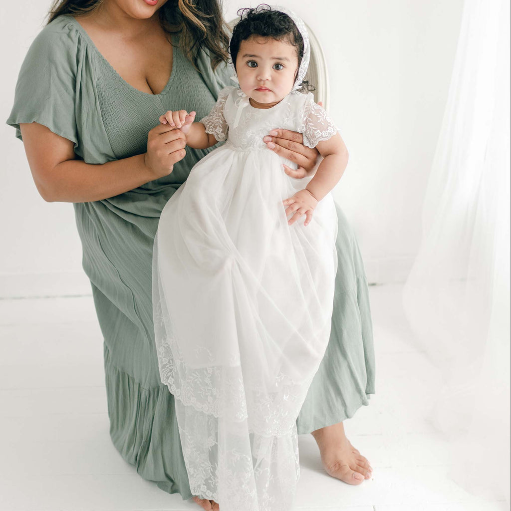 formal dresses for christening mother Ella Gown at Baby Beau & Belle Carolinas Baptism Box emanates