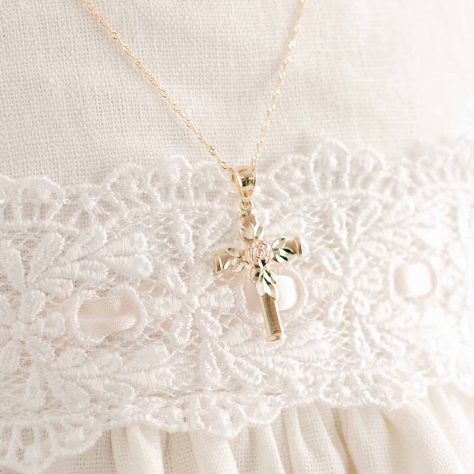 Baby Jewelry - 14k Gold Rose Cross With Chain – Baby Beau and Belle
