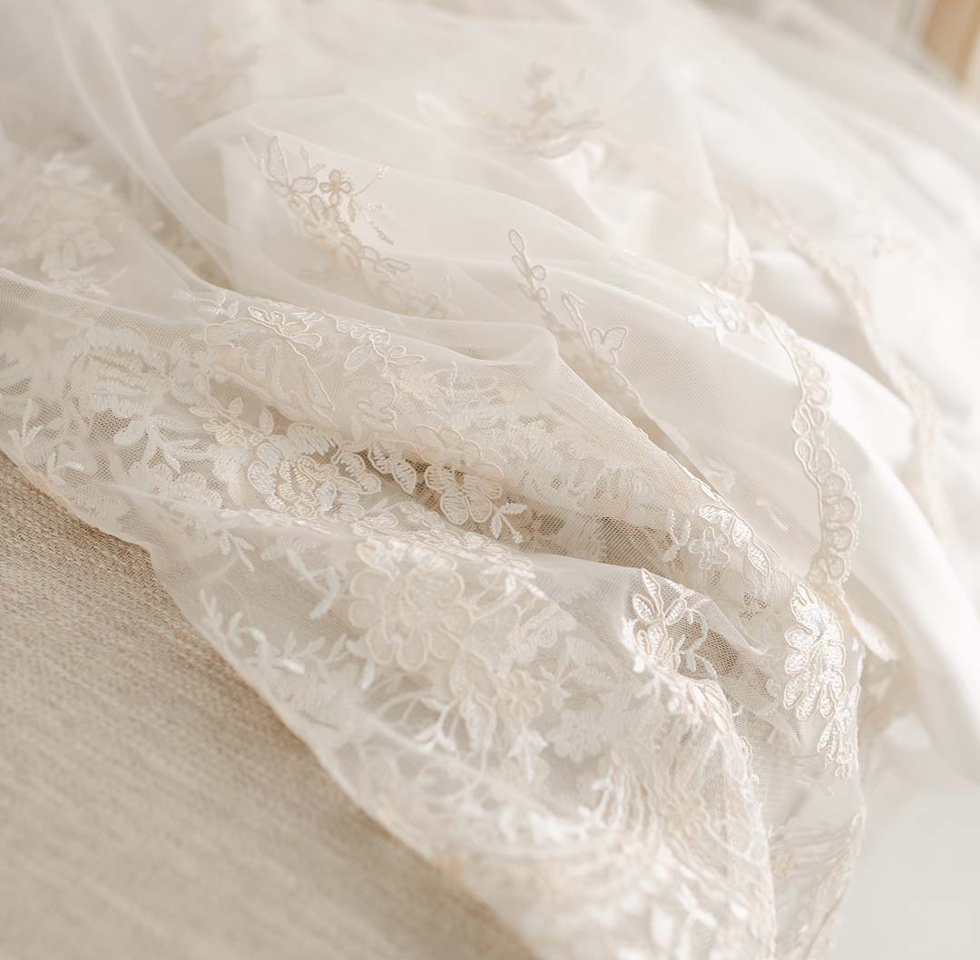 Close-up of delicate white lace fabric with vintage-inspired floral embroidery, draped gracefully over a soft, neutral background, perfect for a Kristina Christening Gown & Bonnet event.