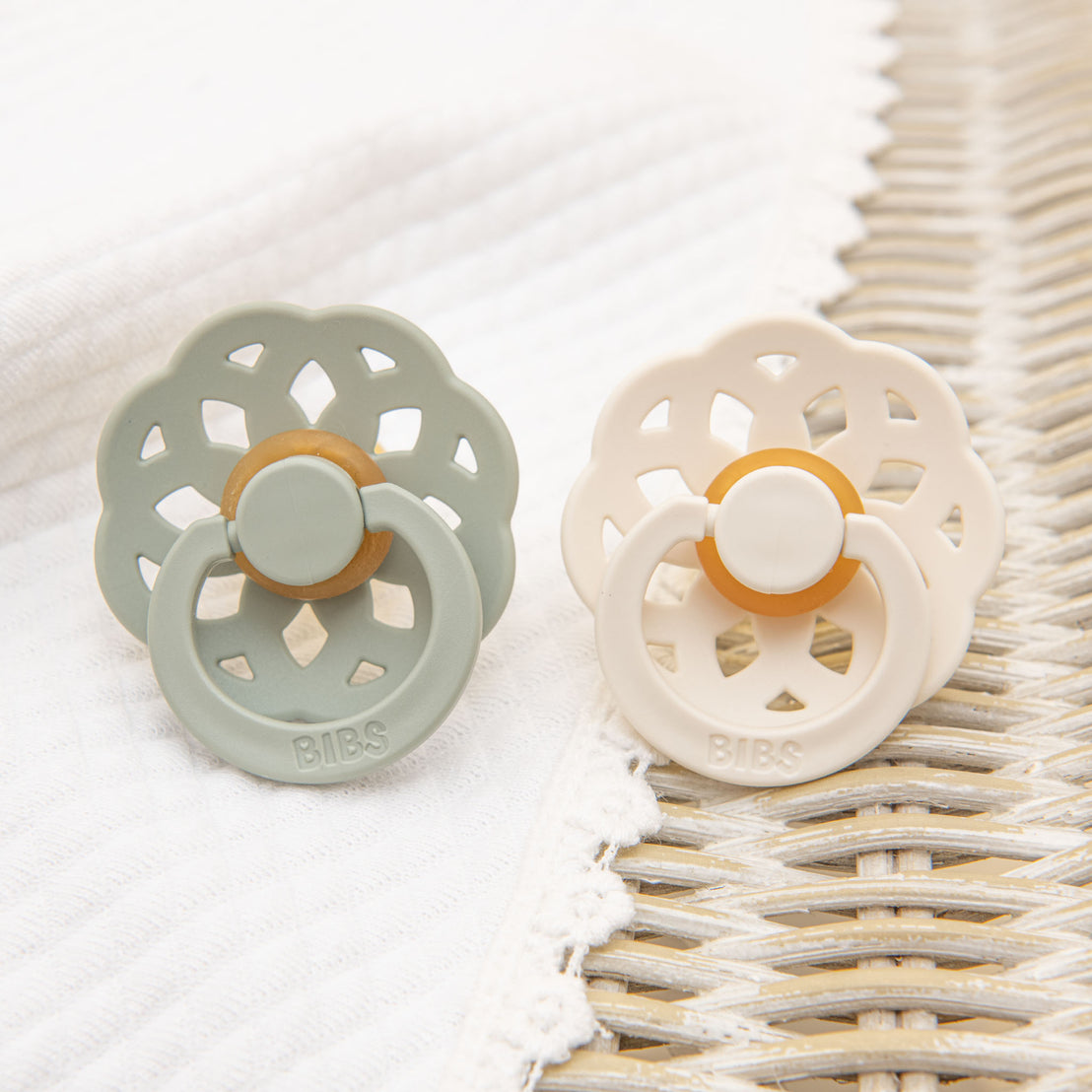 bibs pacifiers - sage and ivory