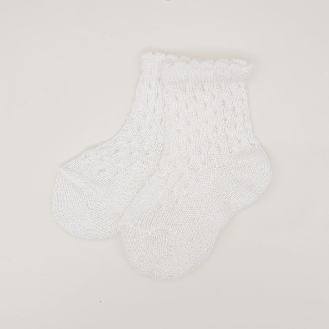 A pair of Scallop Edge Crochet Socks with a knit pattern, displayed on a plain white background.