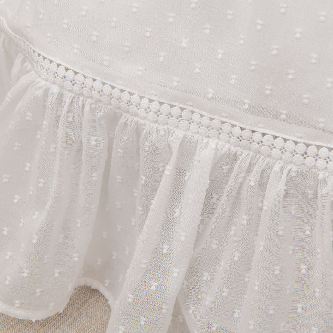 Close-up of the Mila Cotton Gown's skirt detail showing textured dots and a delicate lace trim.