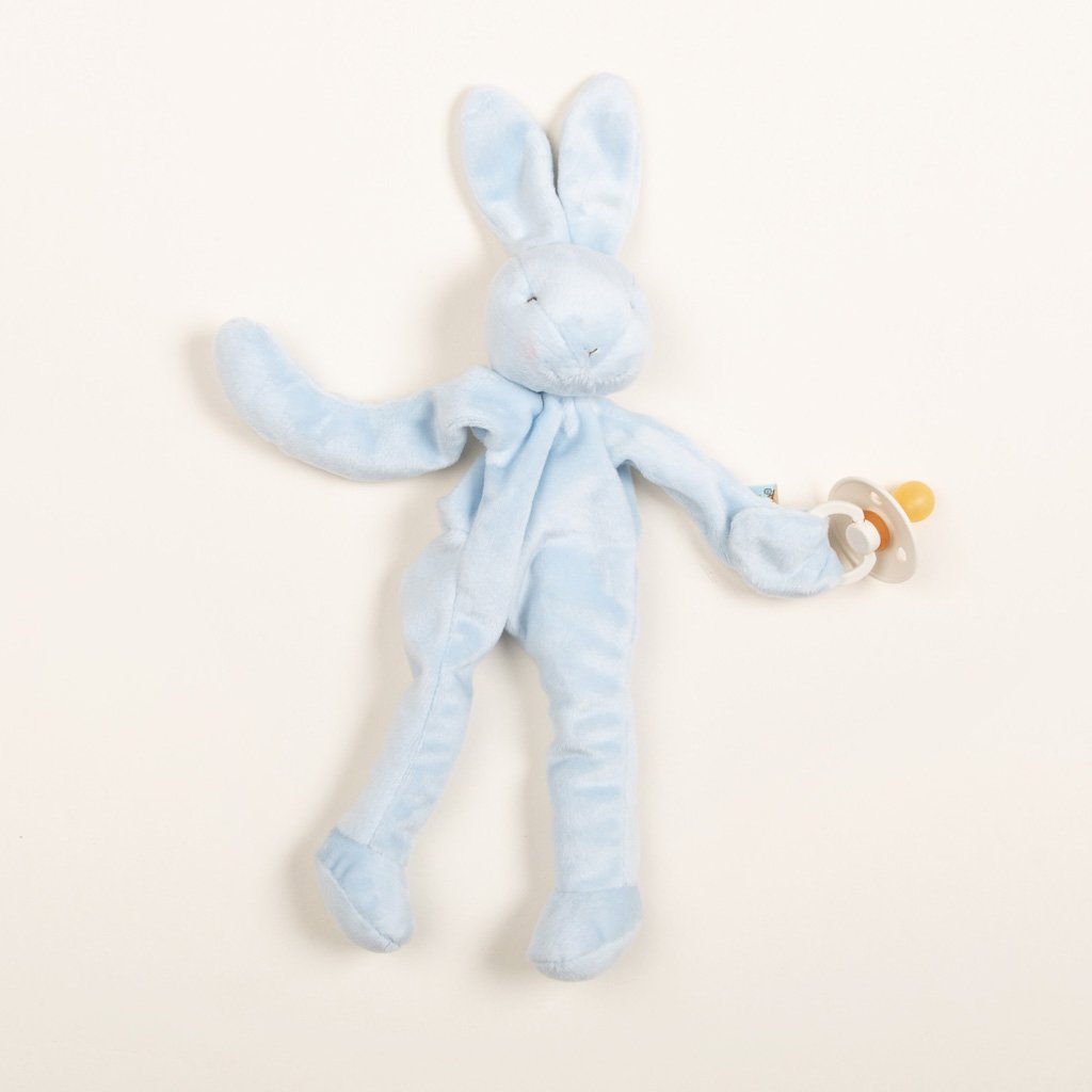 A soft, light blue Silly Bunny Buddy plush bunny toy with long ears and limbs, displayed on a plain beige background.