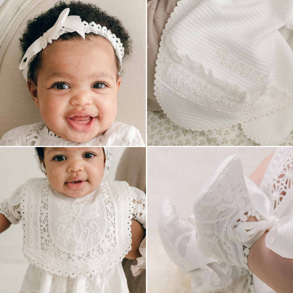 4 items that are part of the Adeline Christening Gift Set: Cotton Headband with Bow, Personalized Baptism Blanket, cotton bib and baby booties.