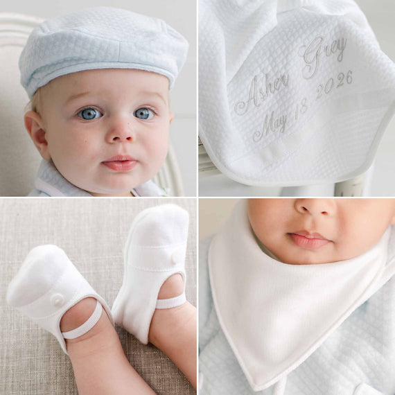 Collage of baby items including a hat, bib, and socks with embroidered text.