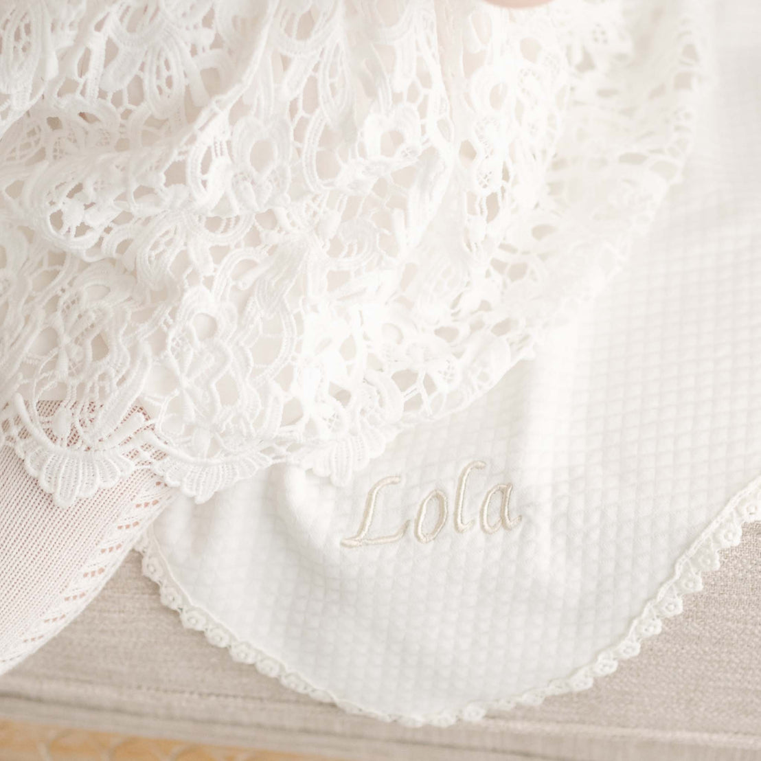 Detail of the Lola Personalized Blanket, featuring the name "Lola" embroidered on the corner.