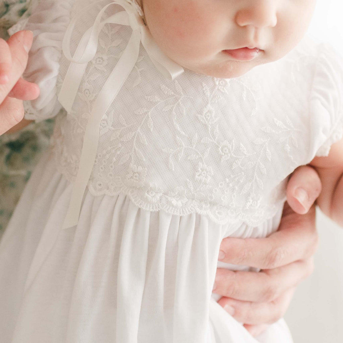 Ella floral lace detail on baby layette gown