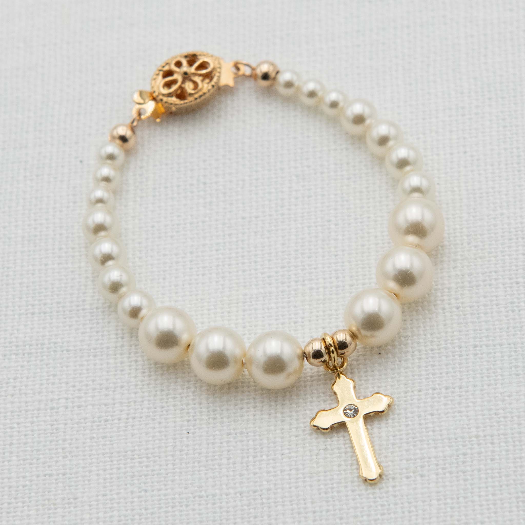 Baby Jewelry - Cream Luster Pearl Bracelet with Gold Cross – Baby Beau and  Belle