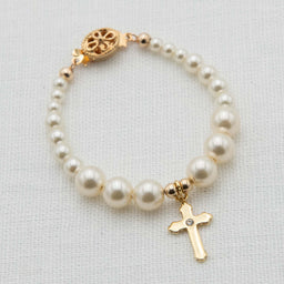 Cream Luster Pearl Bracelet with Gold Cross