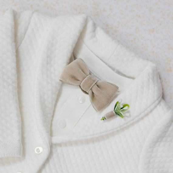 Tan Bow Tie & Boutonniere Set on Floral Background