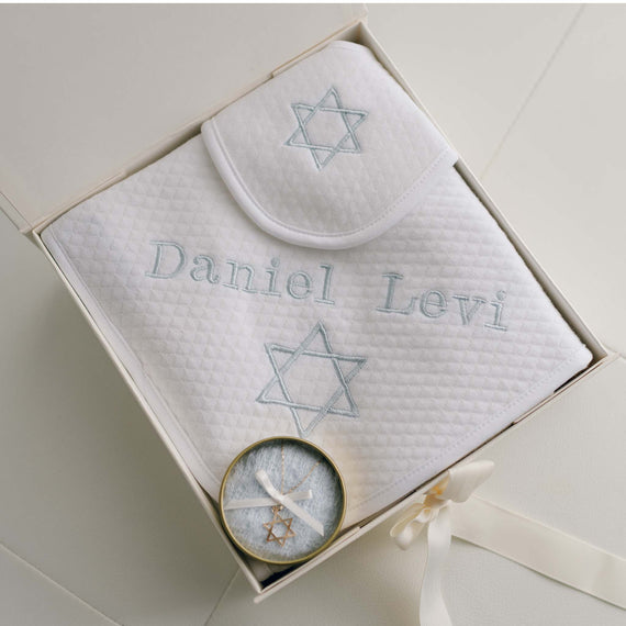 Bris gift set embroidered blanket, bib and Star of David necklace in gift box