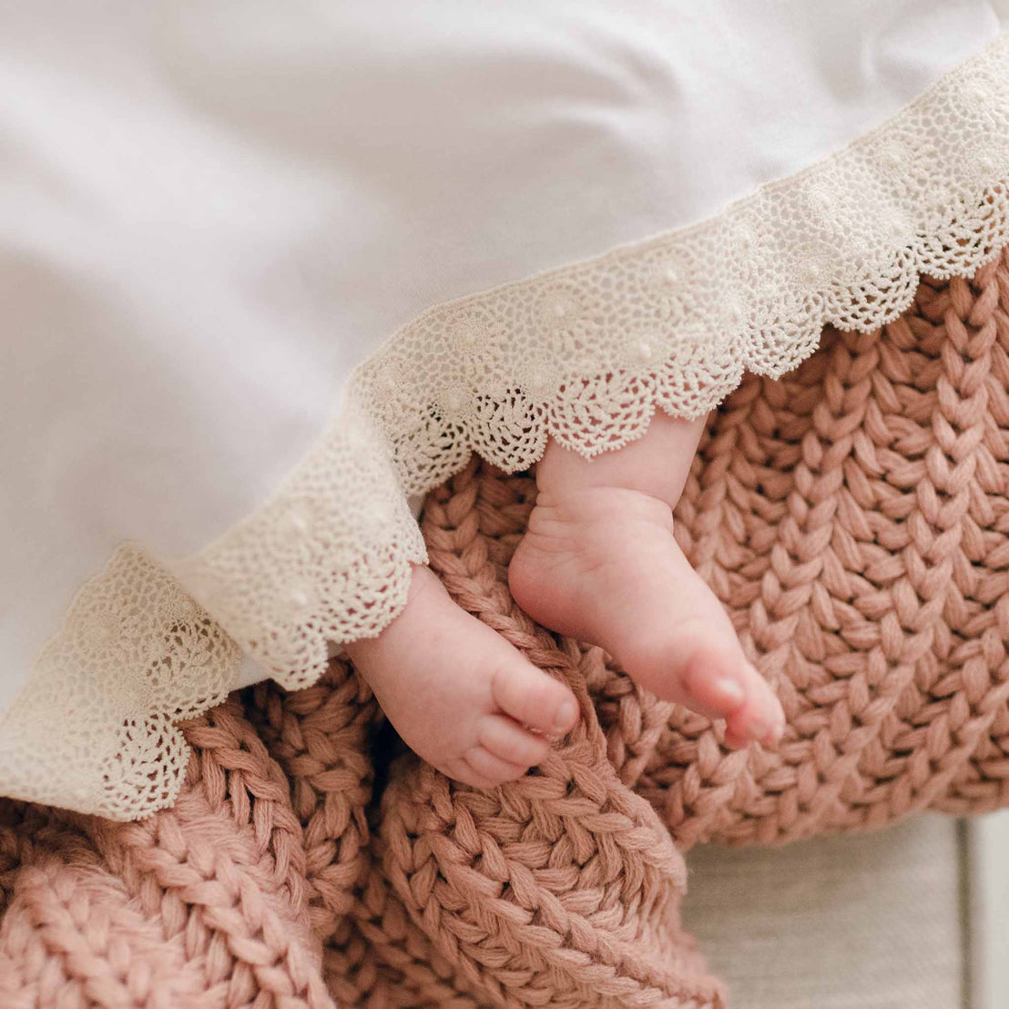 Chloe layette newborn gown hem lace detail
