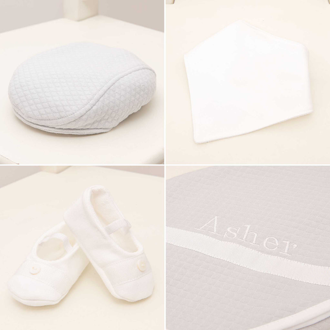 Four photos showing what is included in the grey Asher Suit Accessory Bundle, including the cap, booties, bib and a personalized blanket.