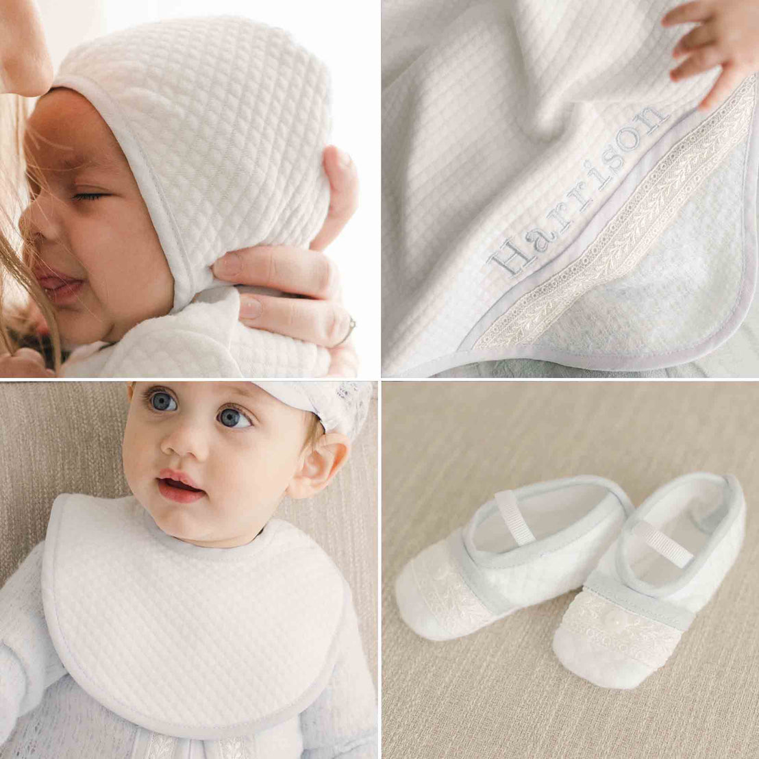A composite of four close-up images showing the Harrison Newborn Accessory Bundle, including the quilted bonnet, embroidered blanket with "Harrison" personalization, quilted bib, and booties with lace detailing.