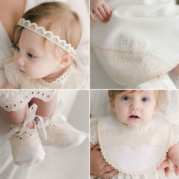 Four photos featuring Ingrid Christening Accessories, including the headband, blanket, booties, and bib