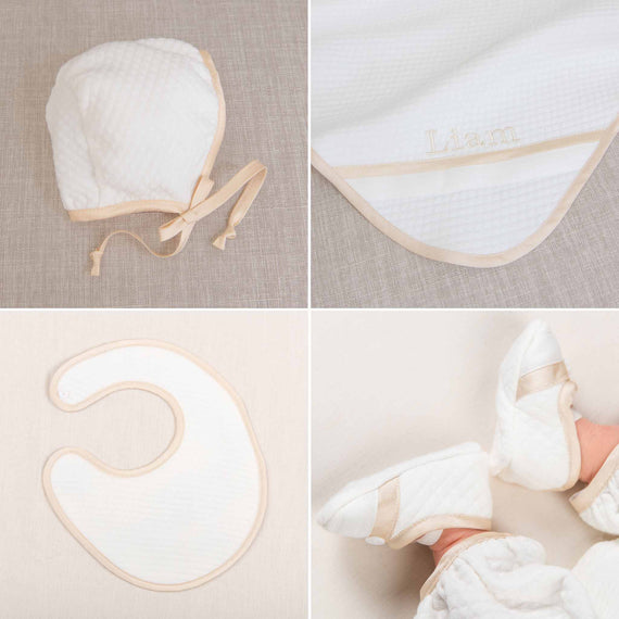 Four photos showing what is included in the Liam Newborn Christening Accessories, including the Liam Bonnet, Blanket, Bib, and Booties